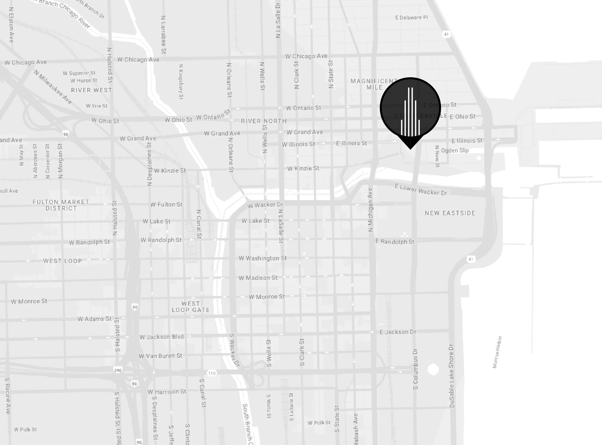 Map of Downtown Chicago with NBC Tower Pinned